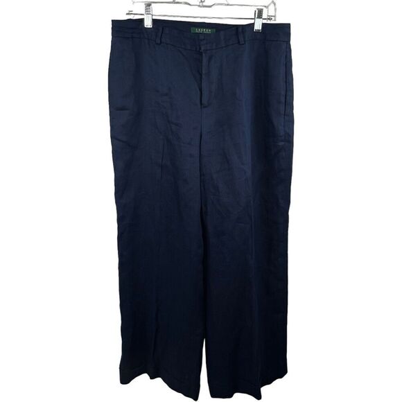 Lauren Ralph Lauren Navy Blue 100% Linen Wide Leg Trousers Pants 10 - Picture 1 of 12
